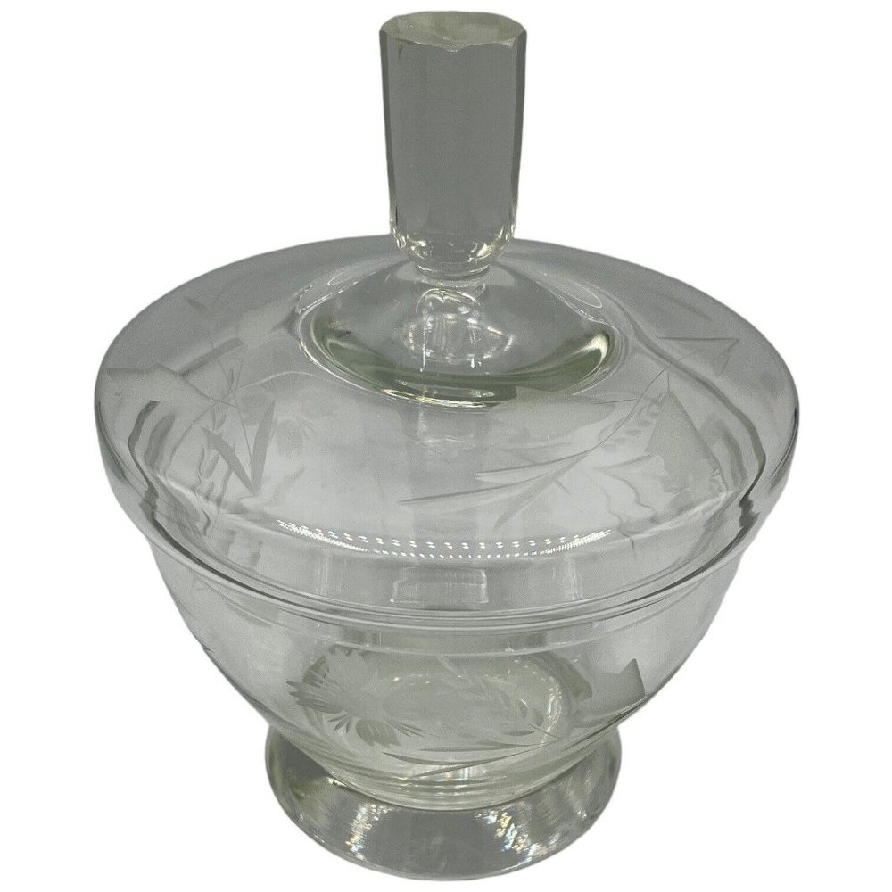 Vintage Engraved Floral Crystal Candy Dish with Lid Clear Glass READ - Picture 2 of 14